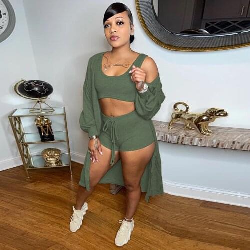 Womens Tracksuit Autumn Winter 3 Three Piece Suit Workout Tank Crop Top+drawstring Biker Short+long Sleeve Coat Matching Sets