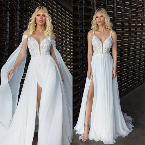 Lakshmigown V Neck Beach Wedding Dresses For Women 2021 Sexy Side Slit Bridal Wedding Gown Lace Spaghetti Straps Wedding Gown