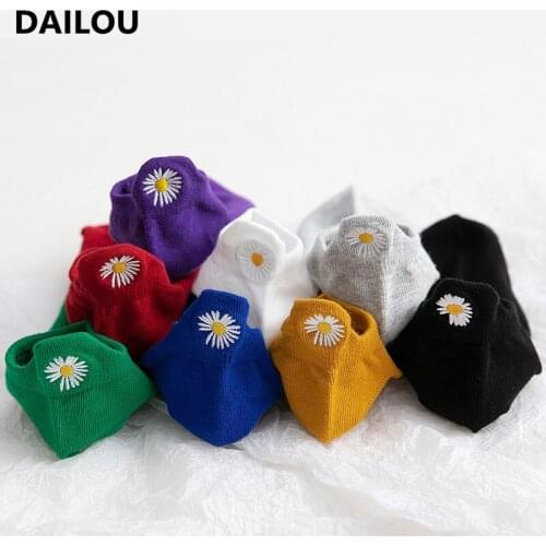 Summer Candy Color Kawaii Women Socks Cartoon Harajuku Cute Daisy Embroidery Socks Slippers Happy Funny Trend Boat Socks Cotton