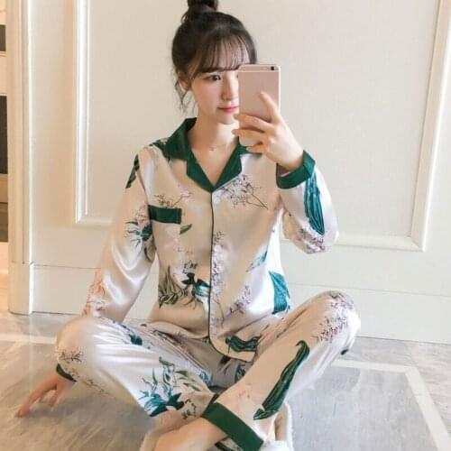 2021 Summer Pajama Set Women Female Ice Silk Suit Long Sleeve Silk Pajamas Thin Bud Silk Sleeping Home Clothe Suit Sleepwear