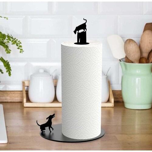 Metal Paper Towel Holder, Cat and Dog Figures Decorative Towel Ring, Metal Towel Roll Holder, roll Towel Stand (Black)