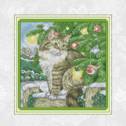 Christmas Cat Printed Canvas Cross Stitch kits Counted 14ct 11ct Embroidery Cross-stitch Sets DIY Handmade Needlework Crafts