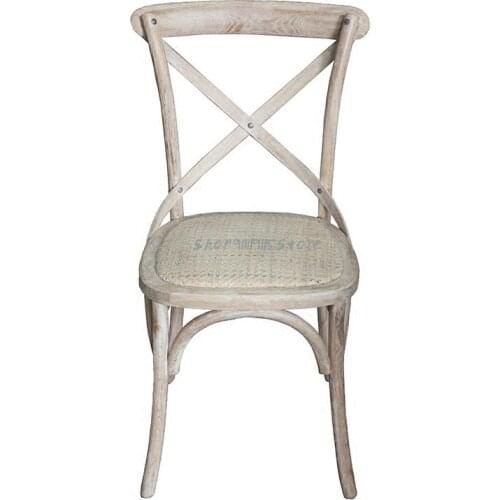 Nordic French Pastoral Style Solid Oak Weathered Rattan Cushion Retro Cross Back Fork Make Old Dining Chair