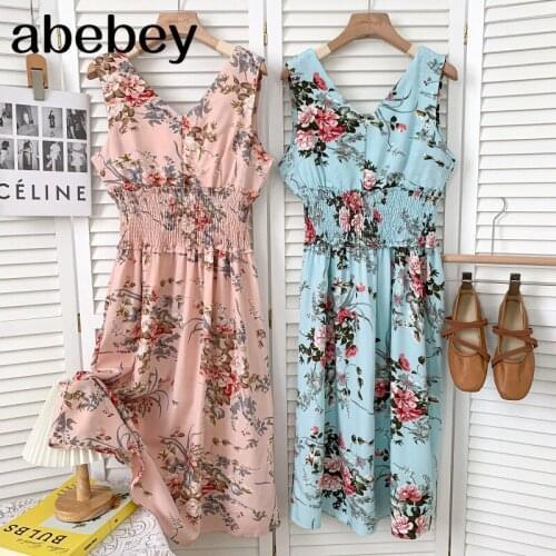 Fashion V-neck sleeveless Dress high waist pleated elastic waist print mid-length A-line Vest Dress 2021 New Summer