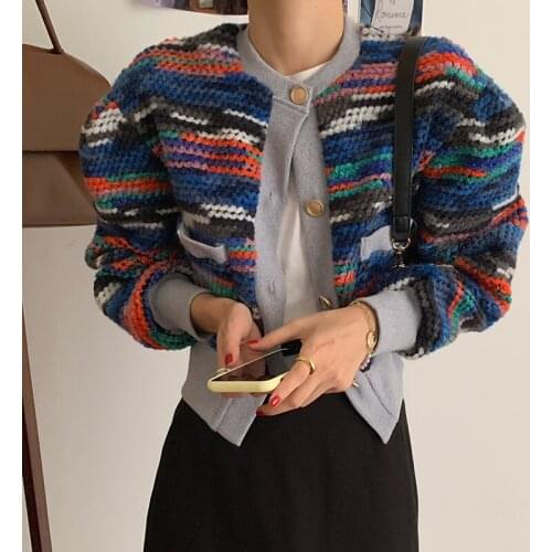 Korean Style Chic O-neck Panelled Cardigans Autumn Fashion Single Breasted Coat Loose Colorful Stripes Women Sweater