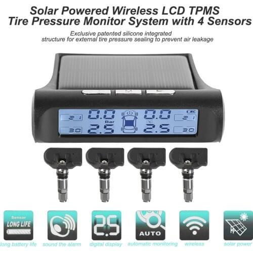 VODOOL Solar Wireless Car TPMS Black White Screen Auto Tire Tyre Pressure Monitoring Temperature Alarm System with 4 Sensors