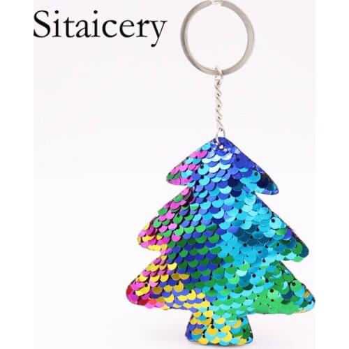 Sitaicery Cute Christmas Tree Keyring Glitter Pompom Sequins Keychains Xmas Gifts For Women Charms Car Bag Accessories Trinket