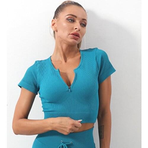 Seamless Top Shirts Women Short Sleeve Crop Top Zipper Fitness Yoga Shirts Slim Fit Workout Gym Running Sport T-shirts