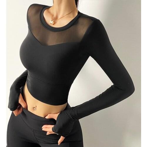 Gym Workout Shirts Women Leaking Navel T-shirt Sexy Mesh Sports Clothes Quick-Drying Sport T-Shirt Running Fitness Long Sleeve