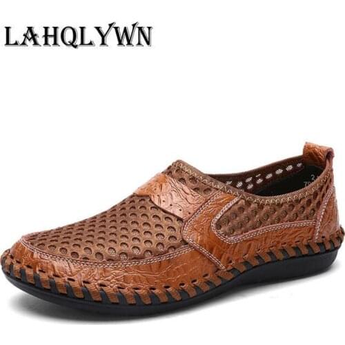 Summer Breathable Mesh Shoes Mens Casual Shoes Genuine Leather Slip On Brand Fashion Summer Shoes Man Soft large size 50 H194
