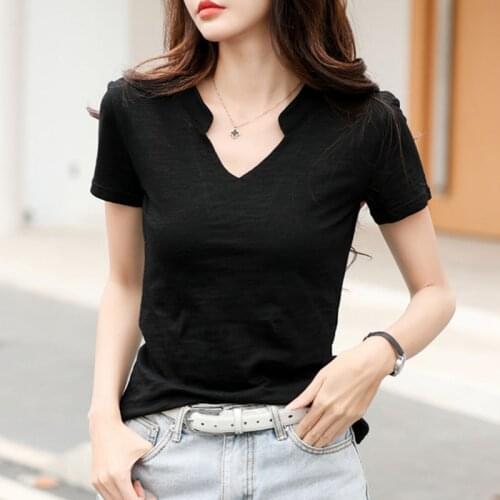 LJSXLS 2021 Summer Clothes For Women Casual Cotton Short Sleeve T Shirt V Neck Solid Basic Tee shirt Femme Camisetas De Mujer