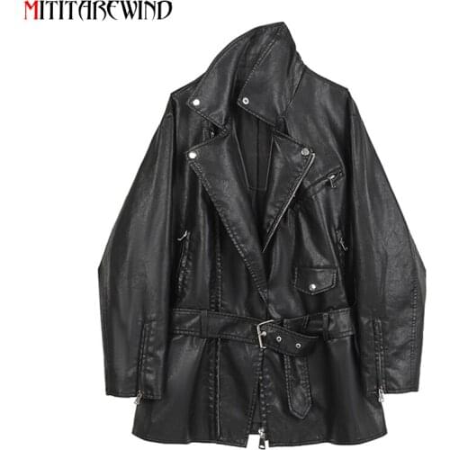 2021 New Mid-long Leather Jacket Women BF Style Cool PU Leather Coat Female Adjustable Waist Moto&biker Black Leather Jacket