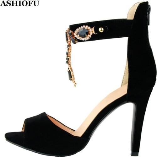 ASHIOFU Wholesale Handmade Womens High Heel Sandals Black Crystals Sexy Party Summer Shoes Evening Club Fashion Sandals XD507