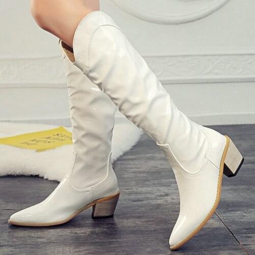 Western Boots Women Patent PU Leather High Heel Knee-High Boots Pointed Toe Thick Heels Slip on Long Boots Lady Winter Shoes