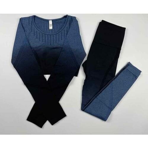 Ombre Seamless Gym Set Women Hollow Out Yoga Set Long Sleeve Sports Suits Fitness Crop Top+High Waist Leggings 2 Piece Set