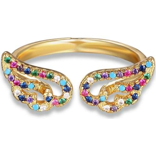 Fashion Rainbow CZ Cute Angel Wings Gold Color Copper Metal Adjustable Opening Ring For Female Party Statement Women Jewelry