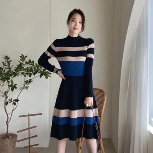 New Korean Runway Chic Elegant Knitting Sweater Casual Dress Long Sleeve Lace Up Stretch Knit Vintage Stripe Dresses Vestido