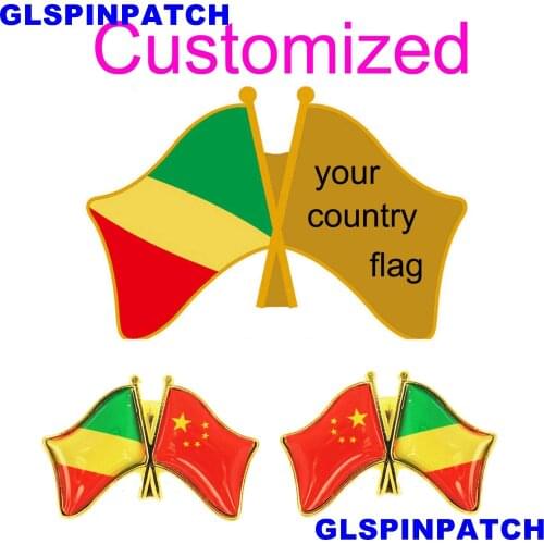 Congo Crossed Friendship Flag Double Country lapel pin Brooch USA UK France Chile Russia Saudi Arabia Japan Spain Badge