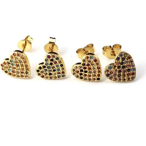 10Pairs Fashion Gold tiny crystal Heart shape Earrings,Micro Pave Rainbow CZ cubic Zirconia Jewelry Women Gift ER914