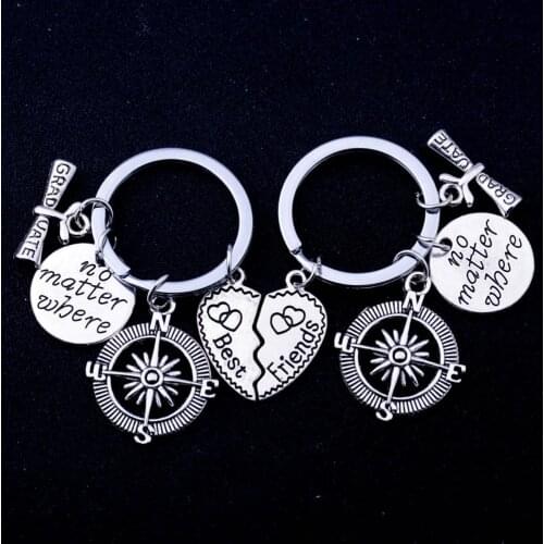 12PC Broken Heart Best Friends No Matter Where Pendant Keychains Vintage Compass Charm Keyrings Friendship Graduation Gifts Hot