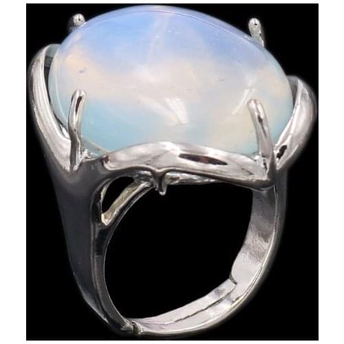 YJXP Silver Plated Oval Shape Adjustable Finger Wedding Ring Opalite Opal Stone Fashion Jewelry