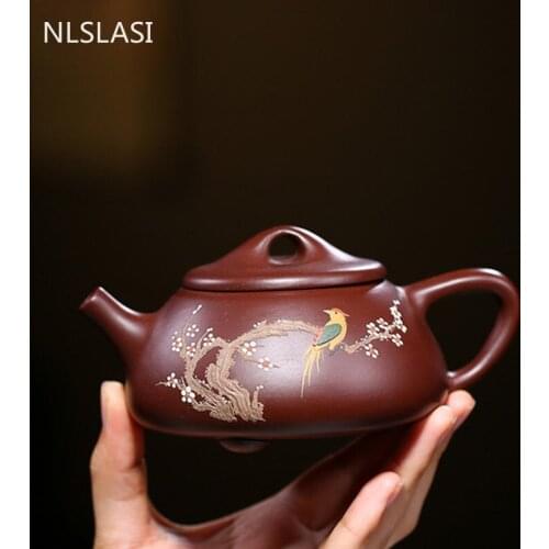 Yixing Purple Clay Tea Pot Plum blossom bird pattern Stone scoop Teapot Raw ore Beauty Kettle Chinese Tea Ceremony Gifts 260ml