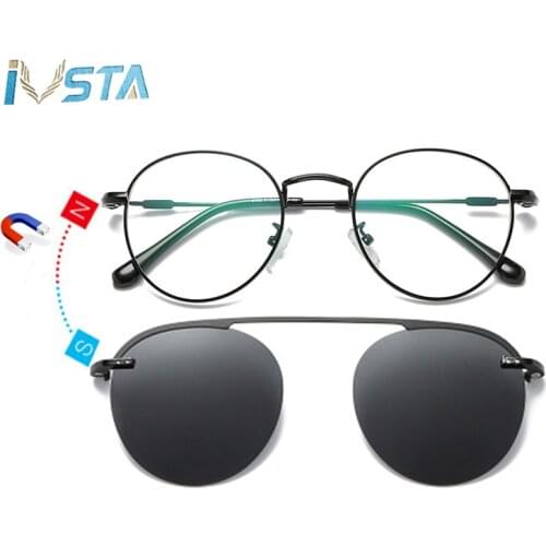 IVSTA Clip On Glasses Men Clip On Sunglasses Women Magnetic Sunglasses Myopia Round Metal Optical Glasses Frame Prescription