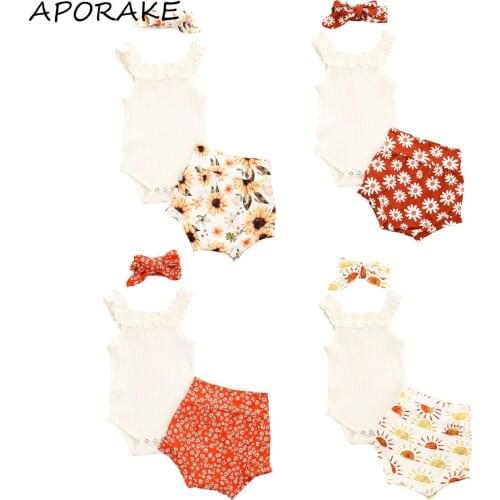2021 0-18M Baby Girl Clothes Sweet Ruffle Sleeveless White Romper Top+Sunflower/Sun Print High Waist Shorts+Headband Summer Set