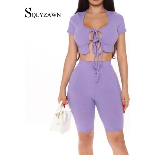 Summer Casual Rib Knitted Stripe Lace Up Crop Tops Shorts 2 Piece Suit Fitness Tracksuit for Women Skinny Workout Two Piece Set