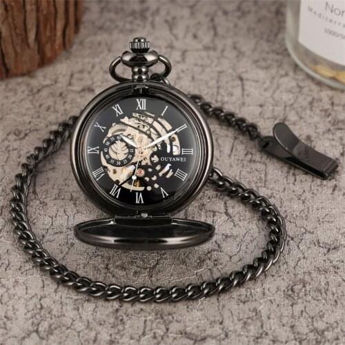 Polishing Black/Silver/Gold/Bronze Manual Mechanical Pocket Watch Roman Numerals Display Skeleton Hand Winding Pendant Clock