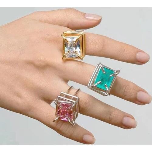 Fashion Square Blue Pink Zircon Crystal Stone Rings For Women Silver Color Metal Opening Index Finger Wedding Engagement Ring