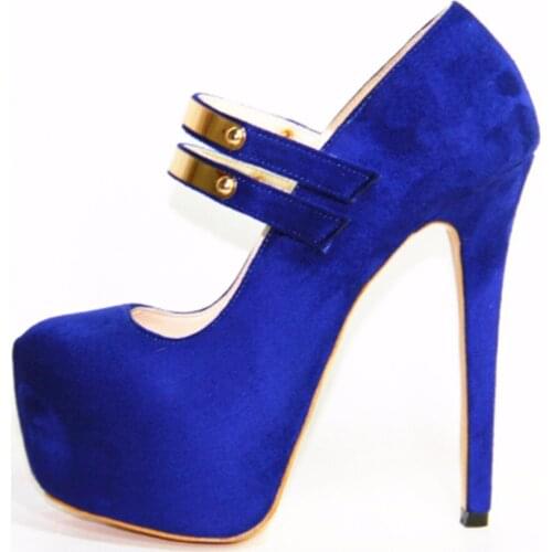 Fashion sweet blue suede Mary Jane 16 cm high-heeled shoes, womens shoes four seasons. Size: 35-43