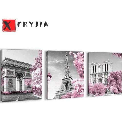 3pcs Full Diamond Painting paris tower pink flower city building Embroidery Full Display Diamond Mosaic Crafts Kit 3 piece set