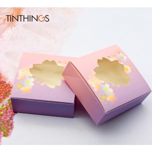 20PCS 14x14x5cm Candy Gift Box With Window CupCake Wedding Gift Boxes Paper Packaging Bronzing Sakura Party Favor Cardboard