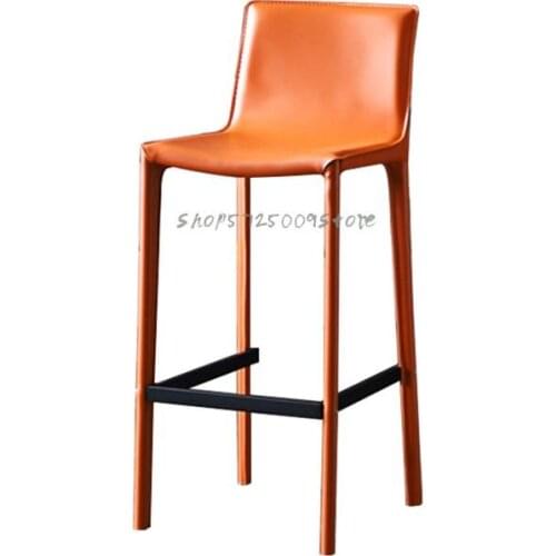 Modern Simple Nordic Bar Chair Family Back Italian Light Luxury Front Desk Bar Chair Saddle Leather Leisure High Stool