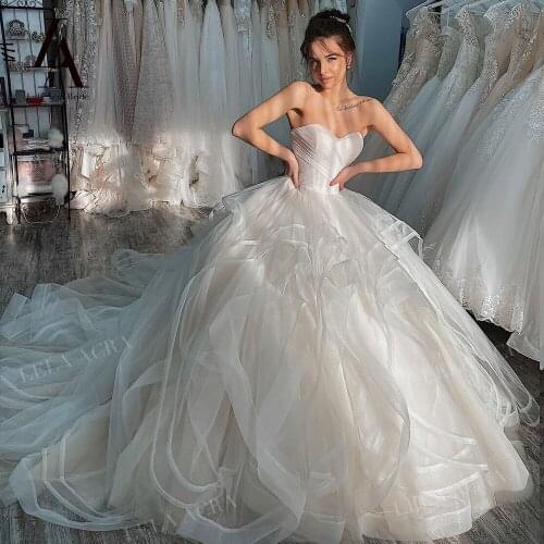 Wedding Dress Ruched Tulle Ball Gown New Strapless Sleeveless Lace Up Bridal Princess Court Train LelaAcra LI20 Vestido De Novia