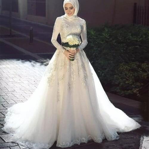 Wedding Dresses Long Sleeve Lace Applique With Hijab A Line Zipper Back Vestidos De Noiva Bride Dress 2021Princess