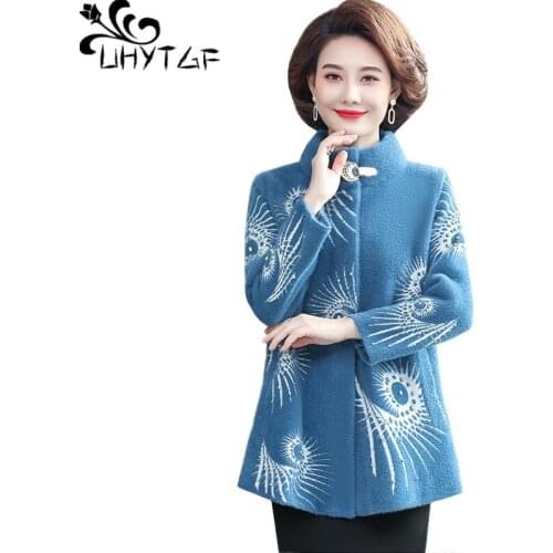 UHYTGF New Mink Fleece Autumn Winter Woolen Coat Fashion Diamond Elegant Female Jacket Loose 4XL Plus Size Outerwear Genuine1340