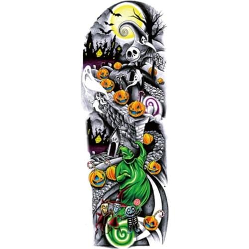 1 Piece Halloween Temporary Tattoo Sticker Pumpkin ghost Skull Full Flower Tattoo with Arm Body Art Big Large Fake Tattoo