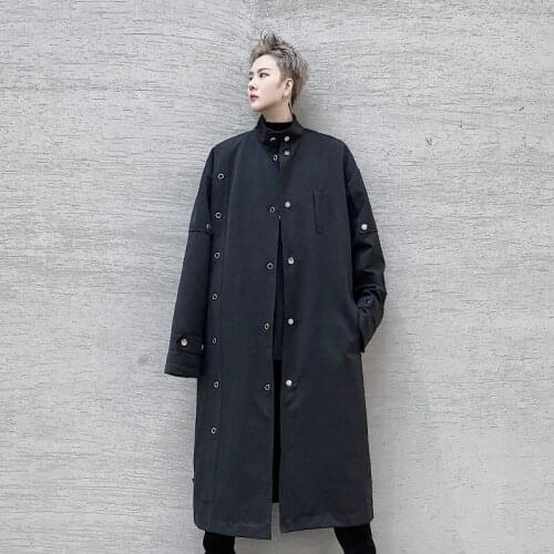 High Street Fashion Style Classic Single-Breasted Waistband Mens Long-Trench Coat Autumn Casual Male Windbreaker Overcoat Loose