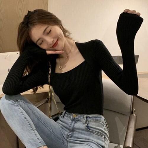 Woman TShirts Spring and Autumn Womens Square Collar Slim Fit Long-Sleeved T-shirt Winter Top Crop Top Mujer Camisetas