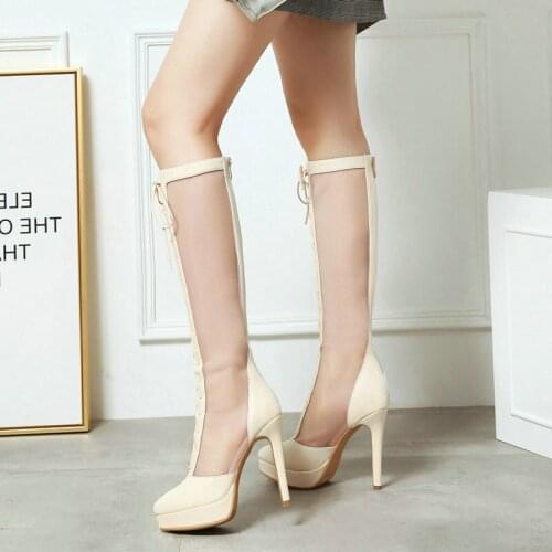 2021Black White Summer Ladies Knee High Heel PU Leather Mesh Female Boots Stiletto High Heel Platform Back Zipper Summer Sandals