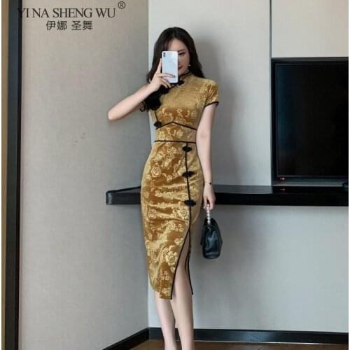 Woman Cheongsam Pencil Dress Fashion Short Sleeve Mandarin Collar Sexy Vestidos Chinese Style Side Split Handmade Button Dresses