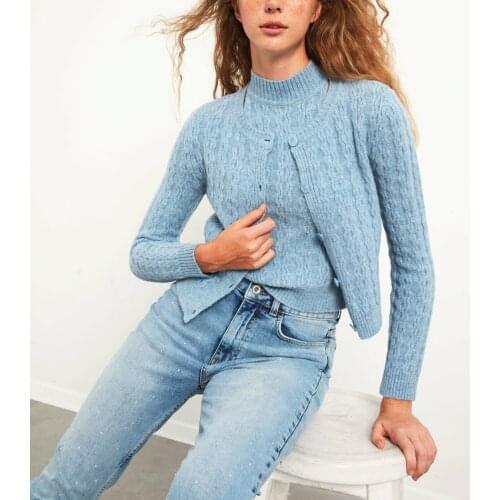 Crew Neck Knitwear Crop Long Sleeve Cardigan new season womens casual chic style fashion 2 color baby blue - lilac