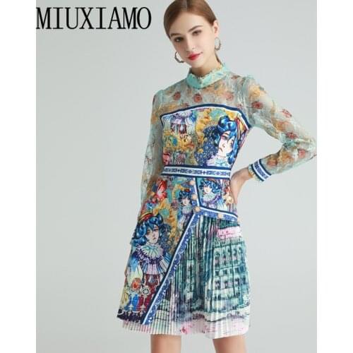 MIUXIMAO 2021 Spring Summer Flower Beauty Print Lace Fold Full Sleeve Holiday Slim Elegant Midi Dress Women Vestidos