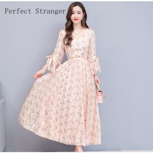 2020 Autumn New Arrival V Collar Flare Sleeve Flower Printed Women Chiffon Long Dress High Quality Plus Size M-4XL