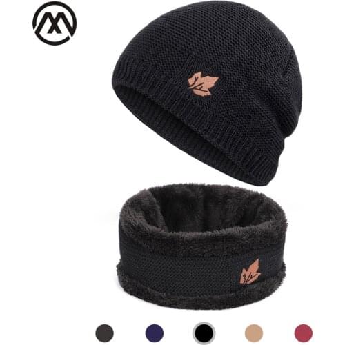 Winter mens knitted hats scarf outdoor warm velvet unisex new fashion trend brand caps maple leaf leather standard set male