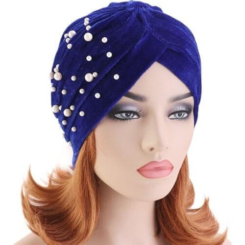 2020 New Women Ruffle Velvet Pearls Turban Caps Islamic Twist Hijab Bonnet Stretchy Beading Headscarf Warp African Indian Hat