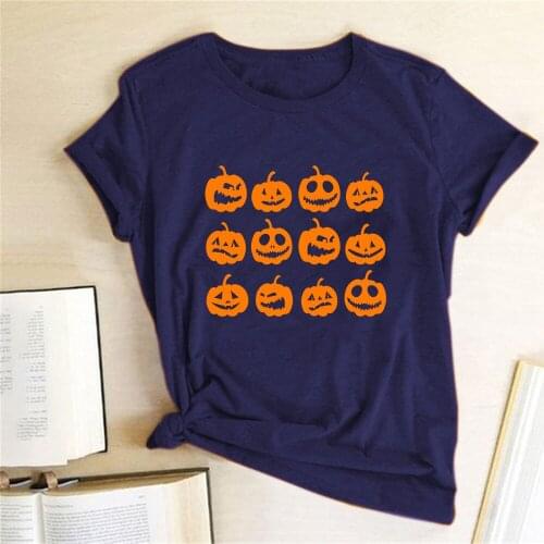 2021 Fashion Halloween Womens Pumpkin Grimace Print T-shirt Summer Loose Plus Size Crewneck Cartoon Tee Shirt Short Sleeves Top
