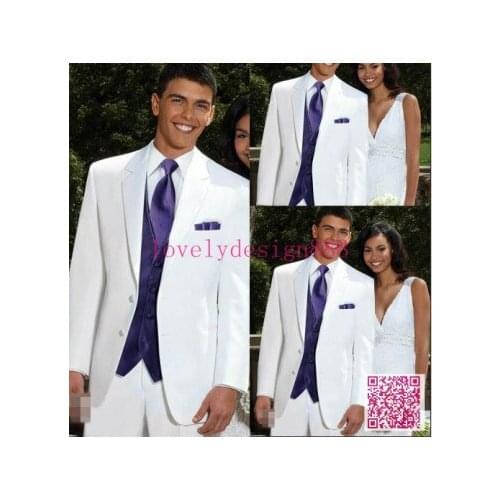 Custom Made White Wedding Tuxedos For Men, Bespoke White Suits With Purple Vest And Tie,High Quality Mens White Wedding Suits